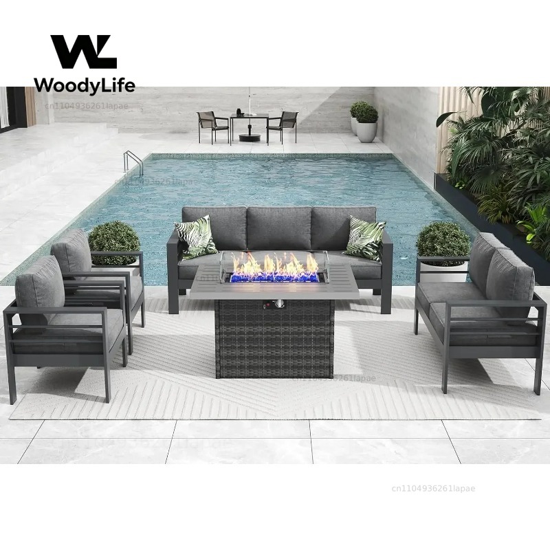 Outdoor Furniture With Fire Pit Table - Conjunto de Móveis Modernos de Alumínio