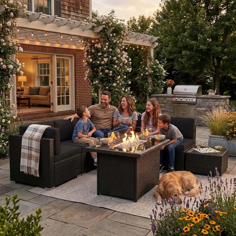 Outdoor Furniture With Fire Pit Table - Conjunto de Sofá Seccional de Vime