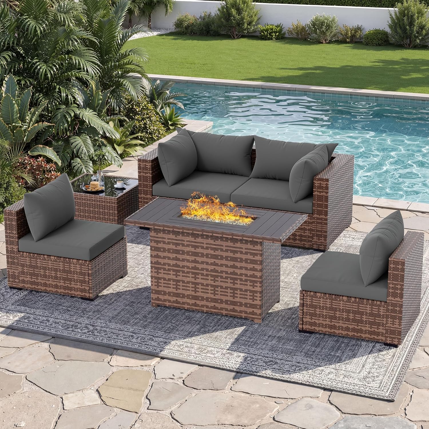 Outdoor Furniture With Fire Pit Table - Conjunto de Sofá Seccional para Exterior
